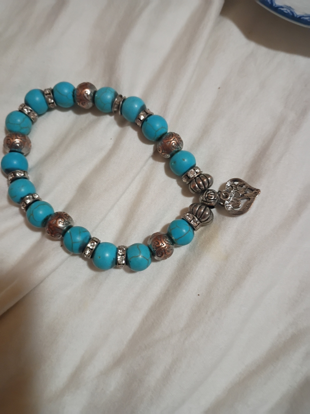 Turquoise Beaded Heart Charm Stretch Bracelet